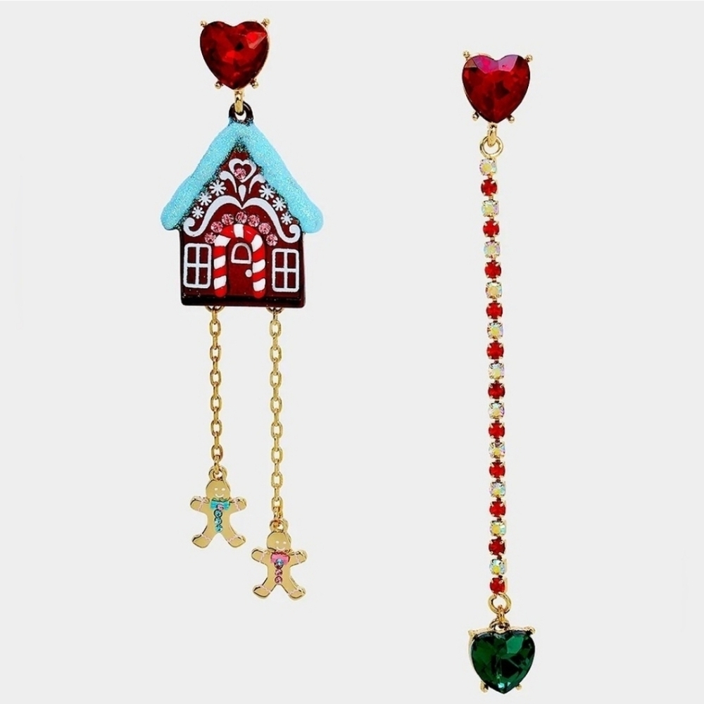 Betsey Johnson Jingle Bell Bling Gingerbread House Mismatched Earrings